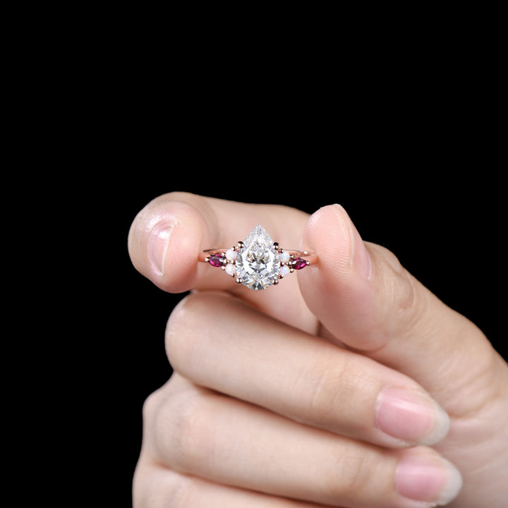 Vintage Pear Shaped Lab Grown Diamond Engagement Ring Solid 14K Rose Gold Custom Ruby Opal Diamond Wedding Ring IGI Certificate CVD Diamond - PENFINE