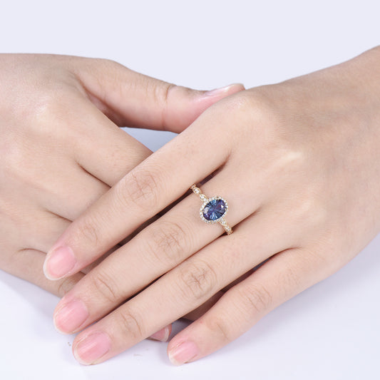 Vintage Firework Cut Oval Alexandrite Engagement Ring Halo Diamond Fine jewelry
