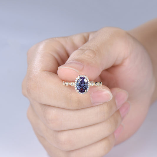 Vintage Firework Cut Oval Alexandrite Engagement Ring Halo Diamond Fine jewelry