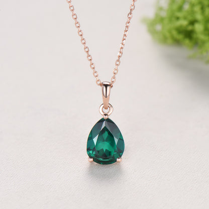 Dainty 14K Rose Gold Emerald Necklace - Teardrop May Birthstone