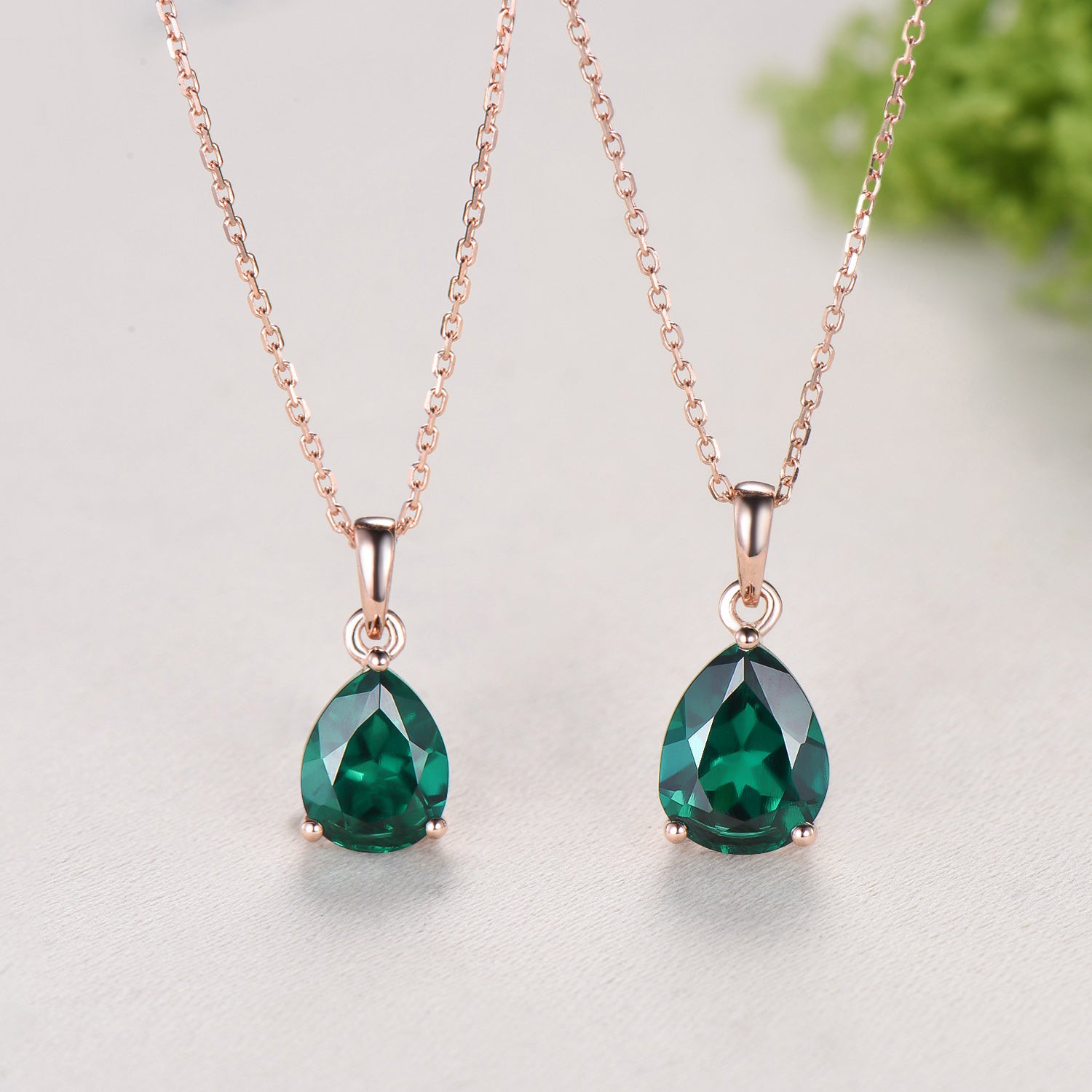 Dainty 14K Rose Gold Emerald Necklace - Teardrop May Birthstone