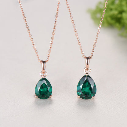 Dainty 14K Rose Gold Emerald Necklace - Teardrop May Birthstone