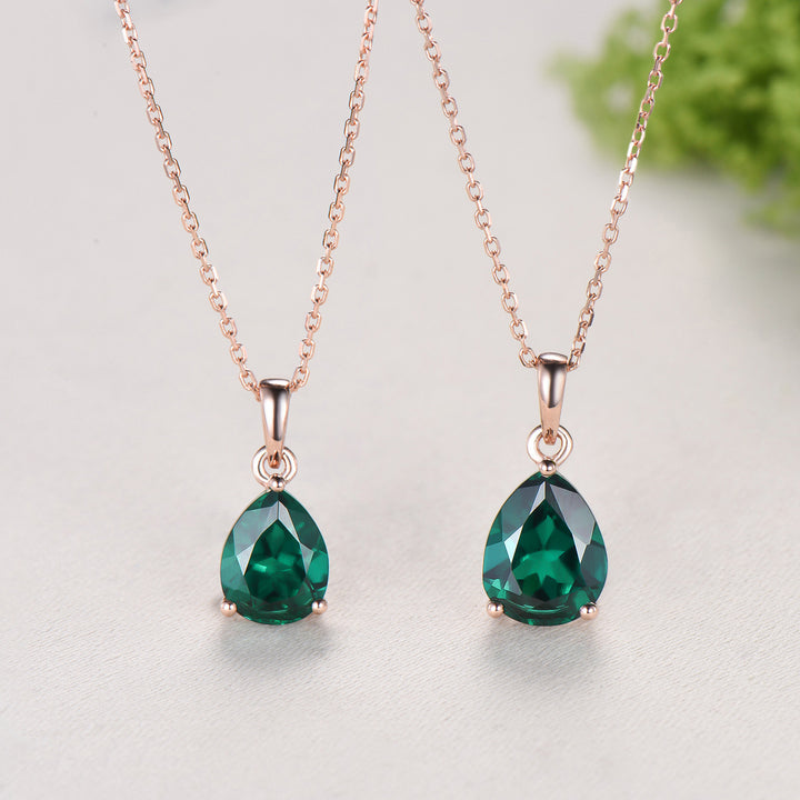 Dainty 14K Rose Gold Emerald Necklace - Teardrop May Birthstone