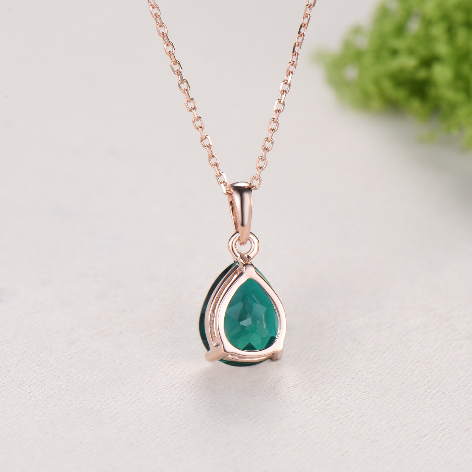 Dainty 14K Rose Gold Emerald Necklace - Teardrop May Birthstone