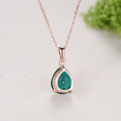 Dainty 14K Rose Gold Emerald Necklace - Teardrop May Birthstone