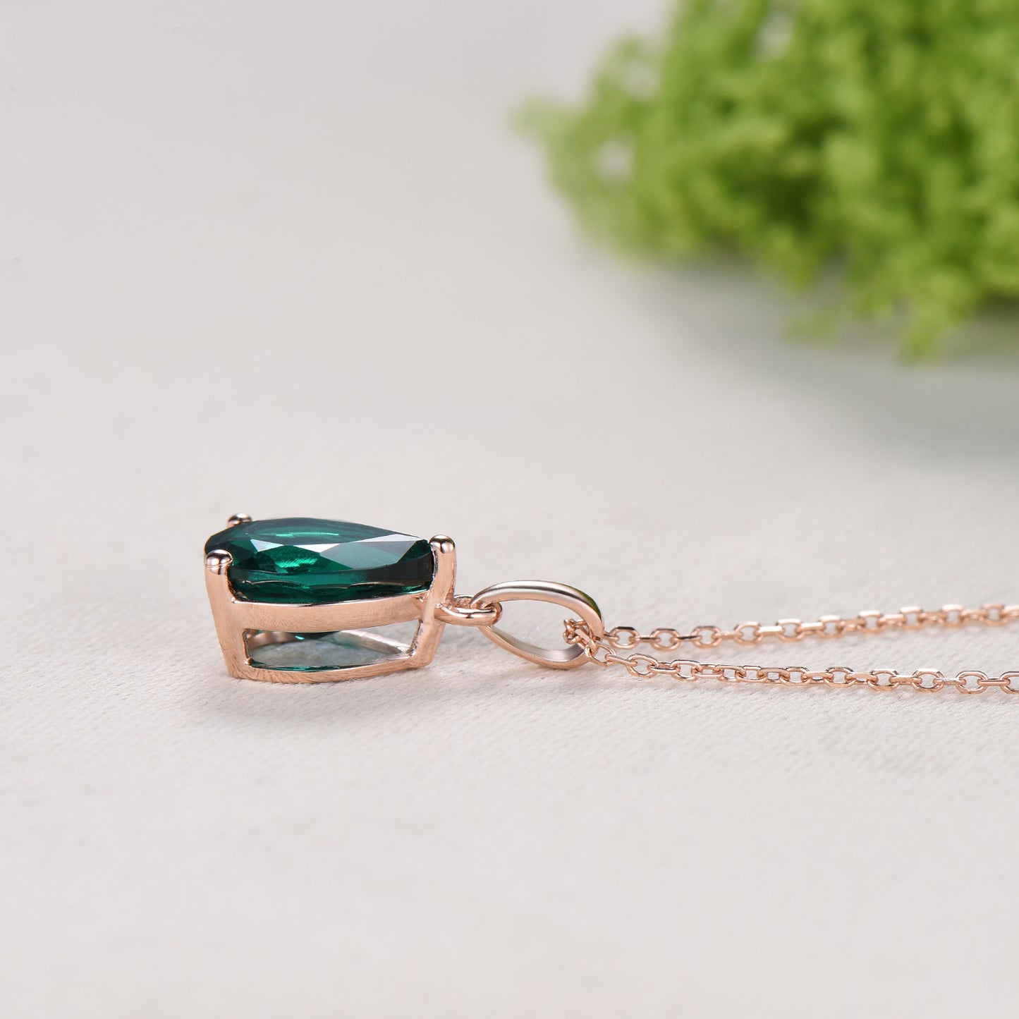 Dainty 14K Rose Gold Emerald Necklace - Teardrop May Birthstone