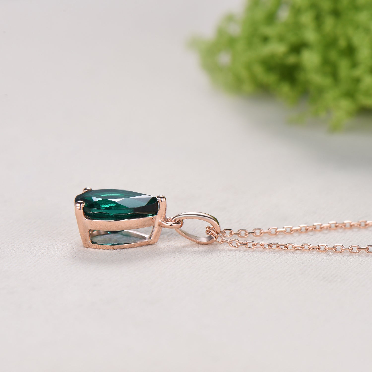 Dainty 14K Rose Gold Emerald Necklace - Teardrop May Birthstone