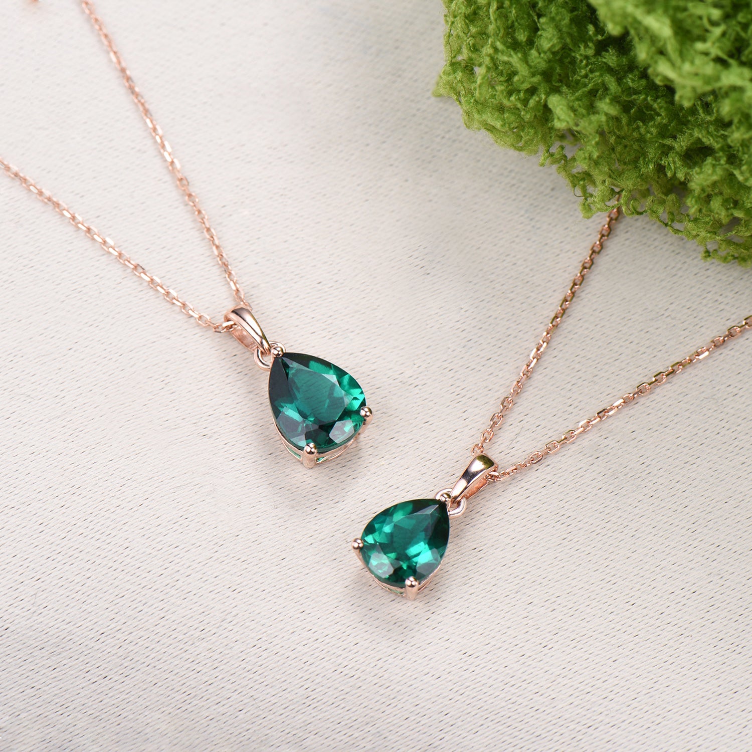 Dainty 14K Rose Gold Emerald Necklace - Teardrop May Birthstone