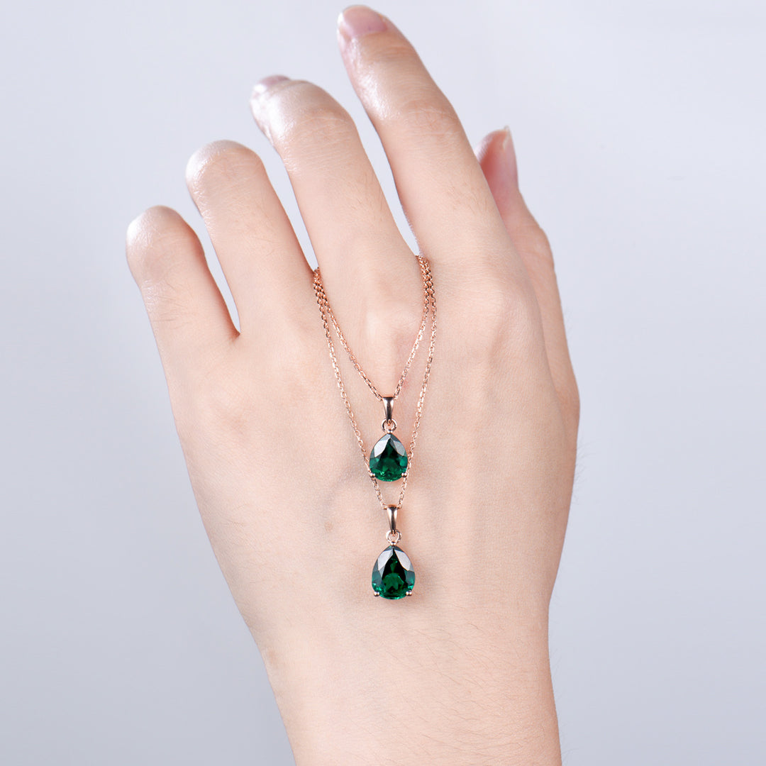 Dainty 14K Rose Gold Emerald Necklace - Teardrop May Birthstone