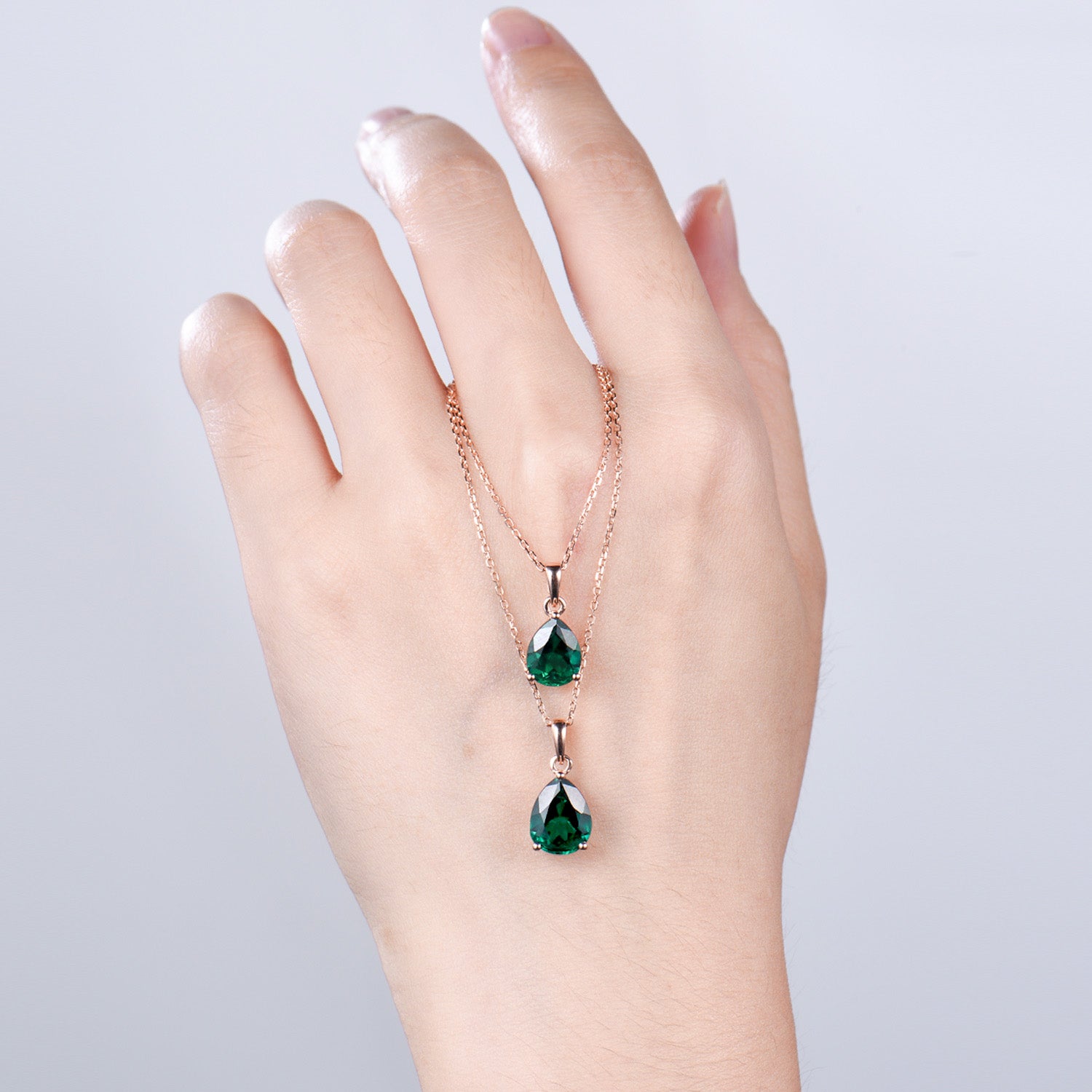Dainty 14K Rose Gold Emerald Necklace - Teardrop May Birthstone