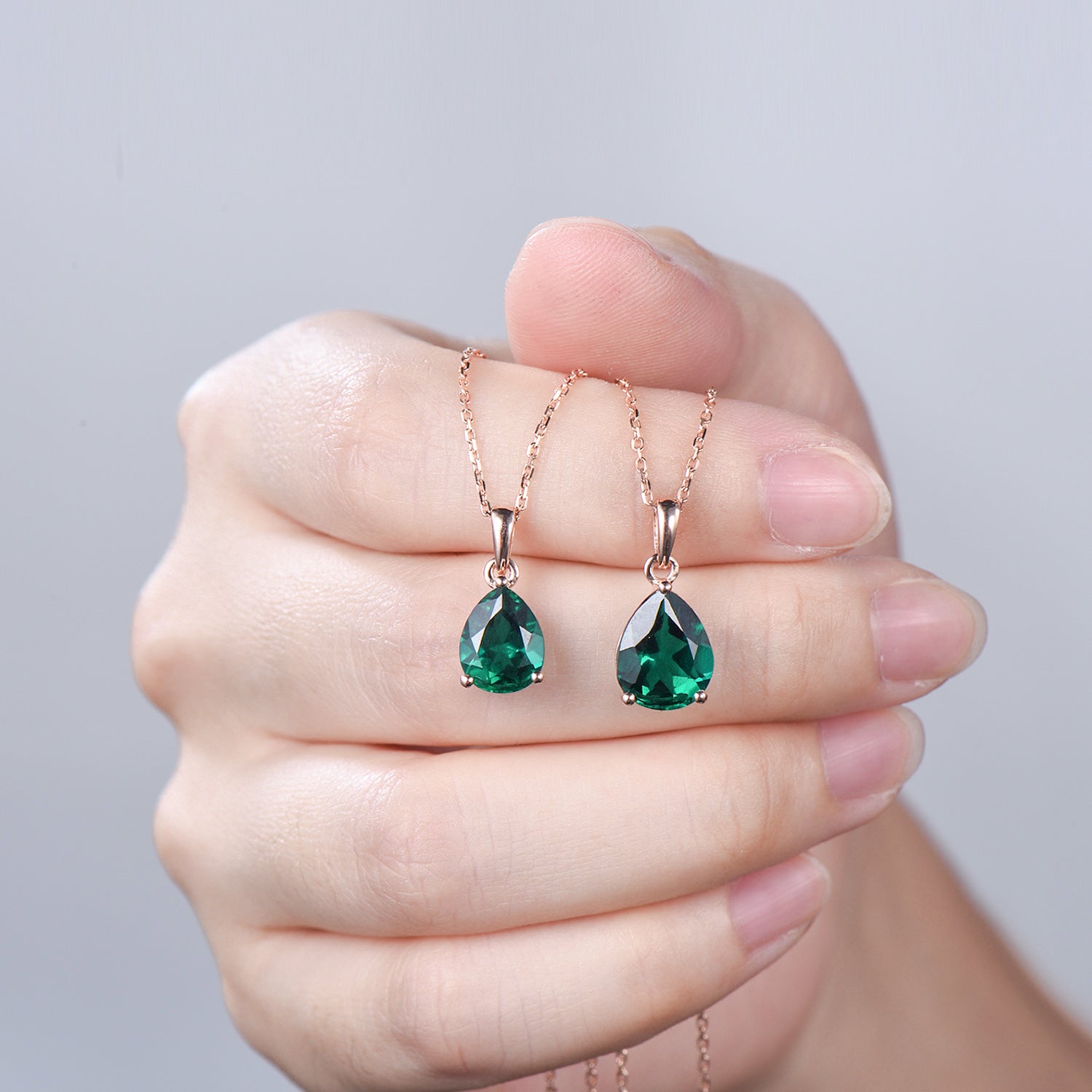 Dainty 14K Rose Gold Emerald Necklace - Teardrop May Birthstone