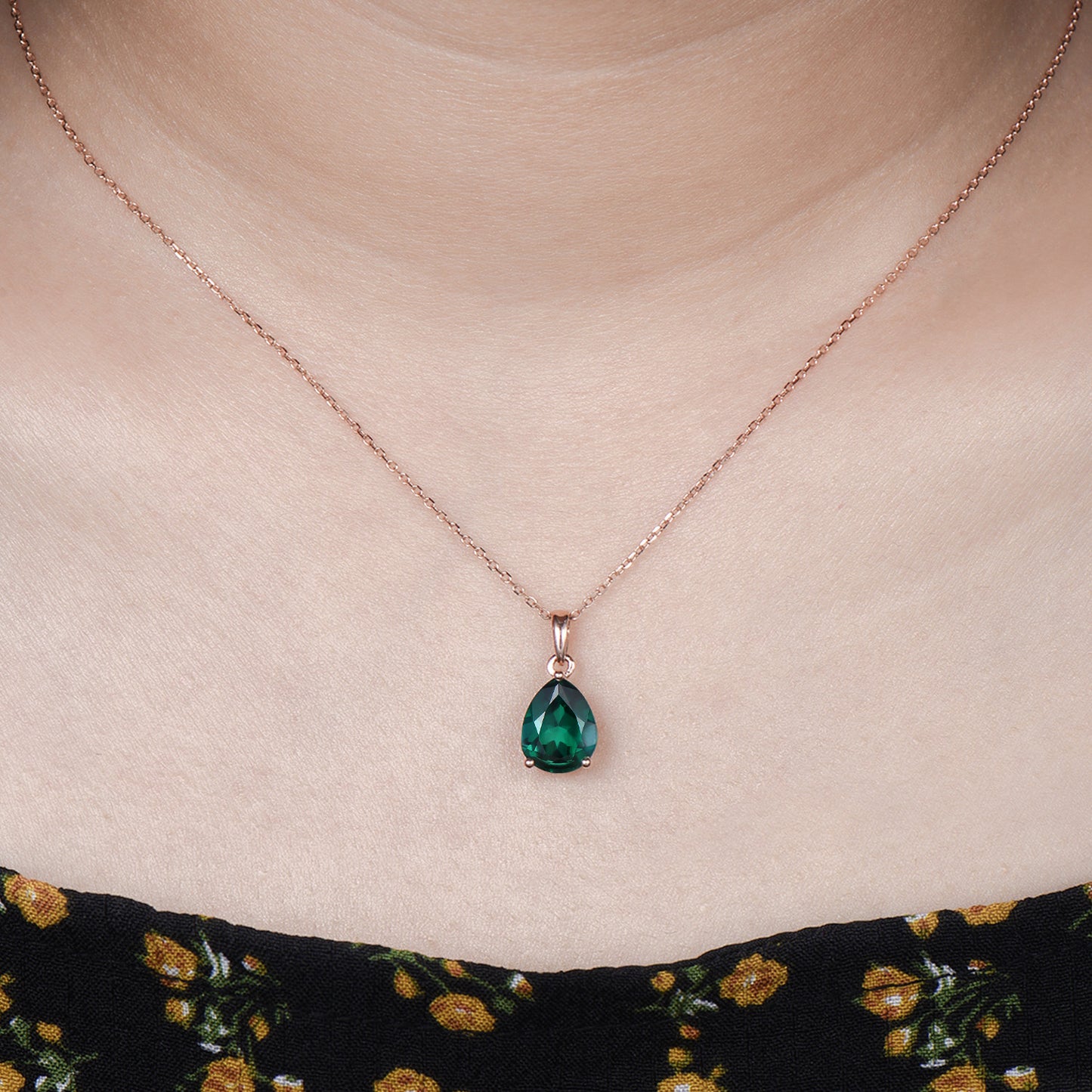 Dainty 14K Rose Gold Emerald Necklace - Teardrop May Birthstone