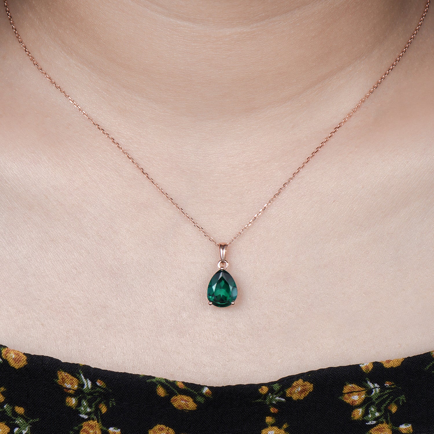 Dainty 14K Rose Gold Emerald Necklace - Teardrop May Birthstone