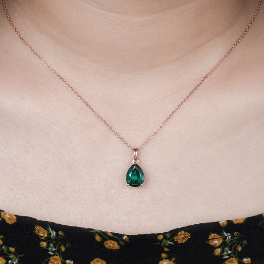 Dainty 14K Rose Gold Emerald Necklace - Teardrop May Birthstone