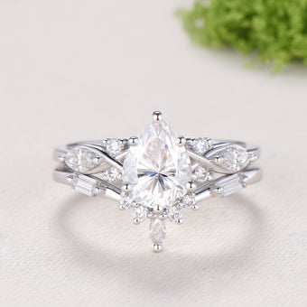 Pear Moissanite engagement ring marquise Twisted ring Unique white gold ring baguette cut diamond band Antique promise anniversary ring