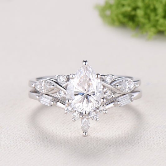 Pear Moissanite engagement ring marquise Twisted ring Unique white gold ring baguette cut diamond band Antique promise anniversary ring