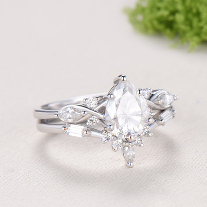 Pear Moissanite engagement ring marquise Twisted ring Unique white gold ring baguette cut diamond band Antique promise anniversary ring