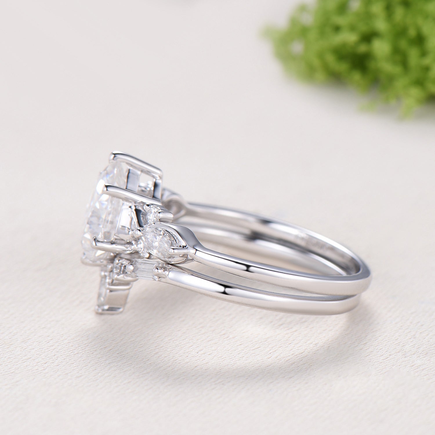 Pear Moissanite engagement ring marquise Twisted ring Unique white gold ring baguette cut diamond band Antique promise anniversary ring