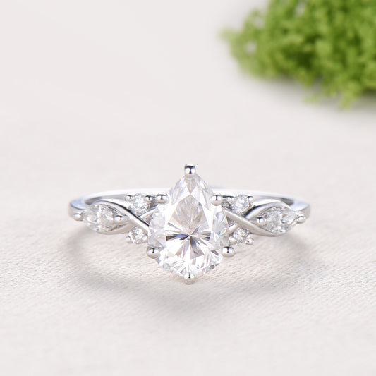 Pear Moissanite engagement ring marquise Twisted ring Unique white gold ring baguette cut diamond band Antique promise anniversary ring