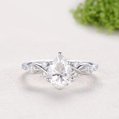 Pear Moissanite engagement ring marquise Twisted ring Unique white gold ring baguette cut diamond band Antique promise anniversary ring