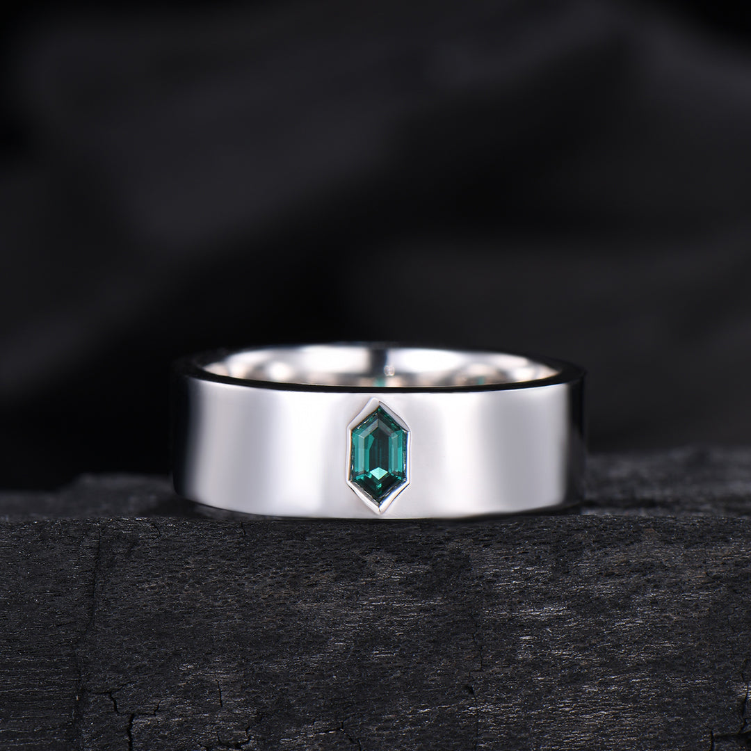Hexagon Cut Emerald Men's Band | Flush Set 7MM Wide Wedding Ring