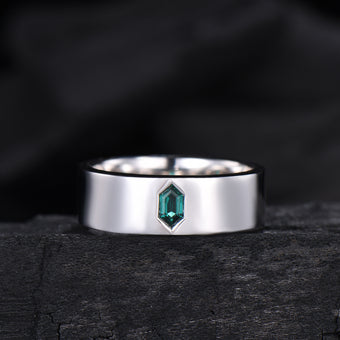 Hexagon Cut Emerald Men's Band | Flush Set 7MM Wide Wedding Ring