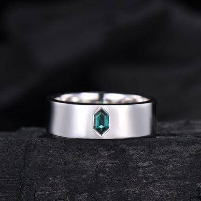 Hexagon Cut Emerald Men's Band | Flush Set 7MM Wide Wedding Ring