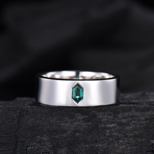 Hexagon Cut Emerald Men's Band | Flush Set 7MM Wide Wedding Ring