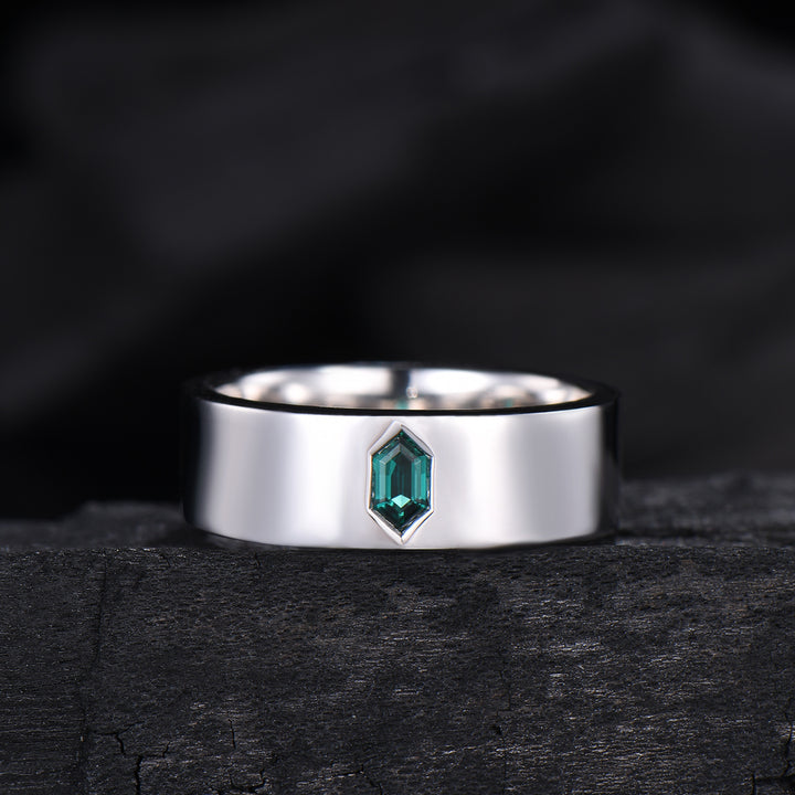 Hexagon Cut Emerald Men's Band | Flush Set 7MM Wide Wedding Ring