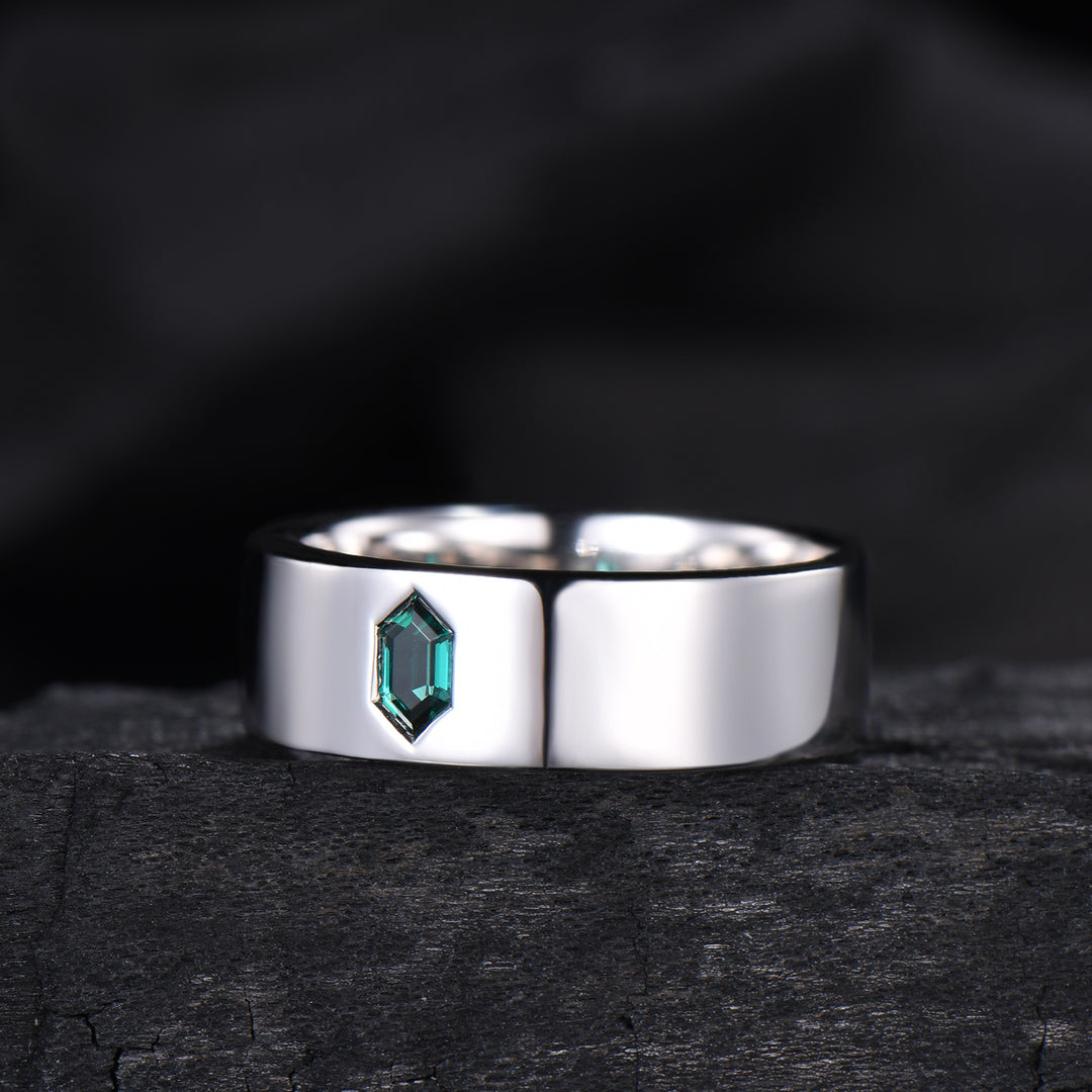 Hexagon Cut Emerald Men's Band | Flush Set 7MM Wide Wedding Ring