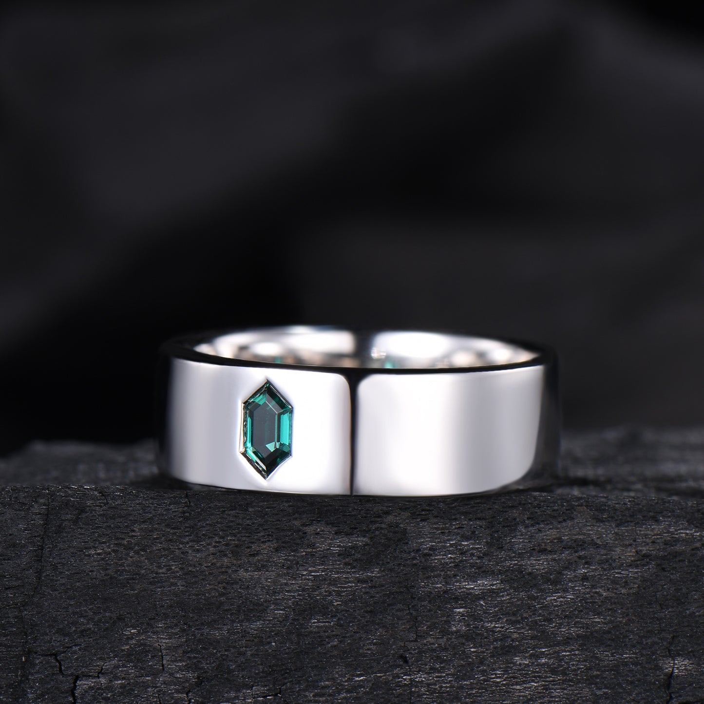 Hexagon Cut Emerald Men's Band | Flush Set 7MM Wide Wedding Ring