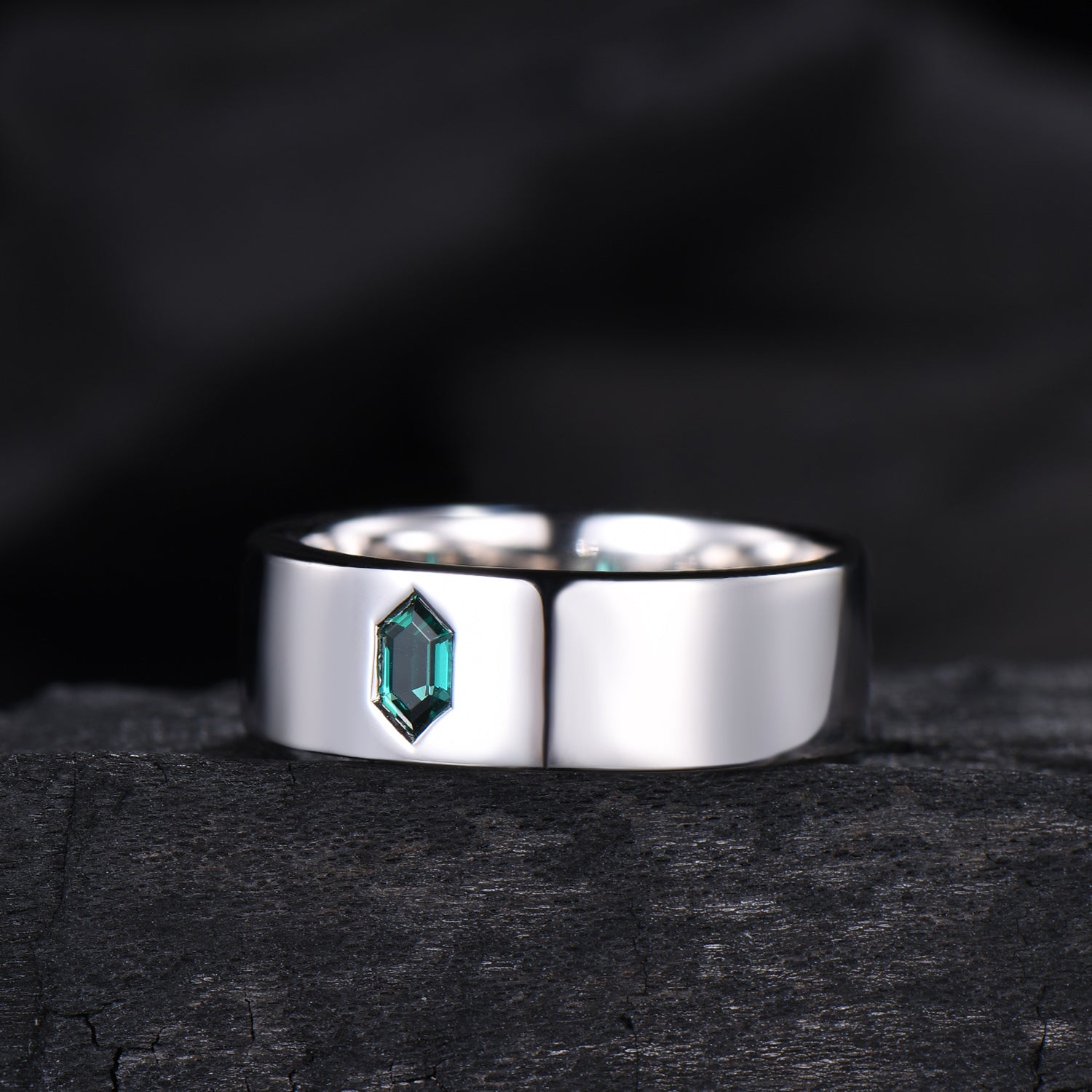 Hexagon Cut Emerald Men's Band | Flush Set 7MM Wide Wedding Ring