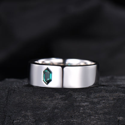 Hexagon Cut Emerald Men's Band | Flush Set 7MM Wide Wedding Ring