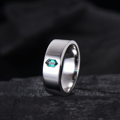 Hexagon Cut Emerald Men's Band | Flush Set 7MM Wide Wedding Ring