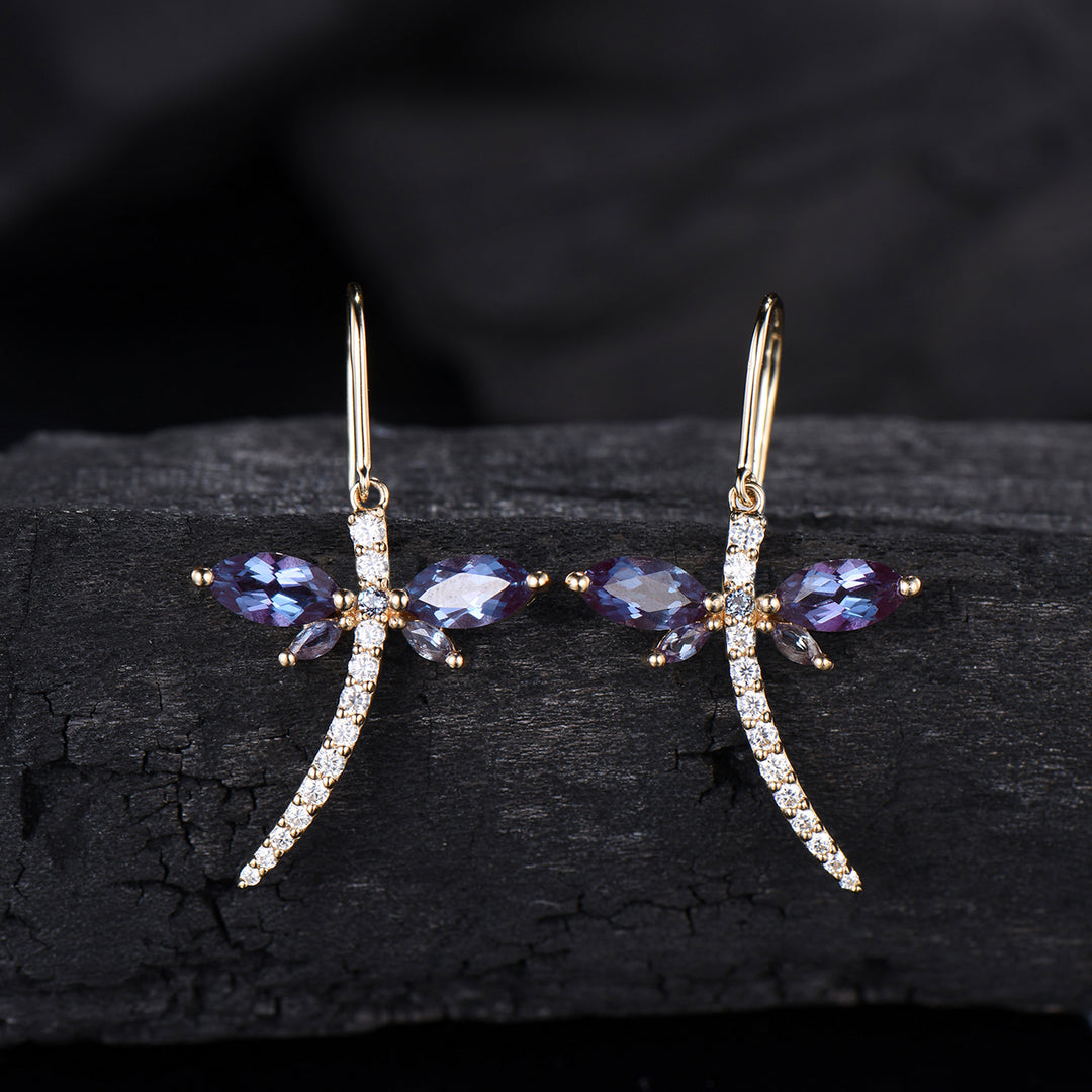 Elegant dragonfly marqusie cut alexandrite earrings June birthstone fine jewelry - PENFINE