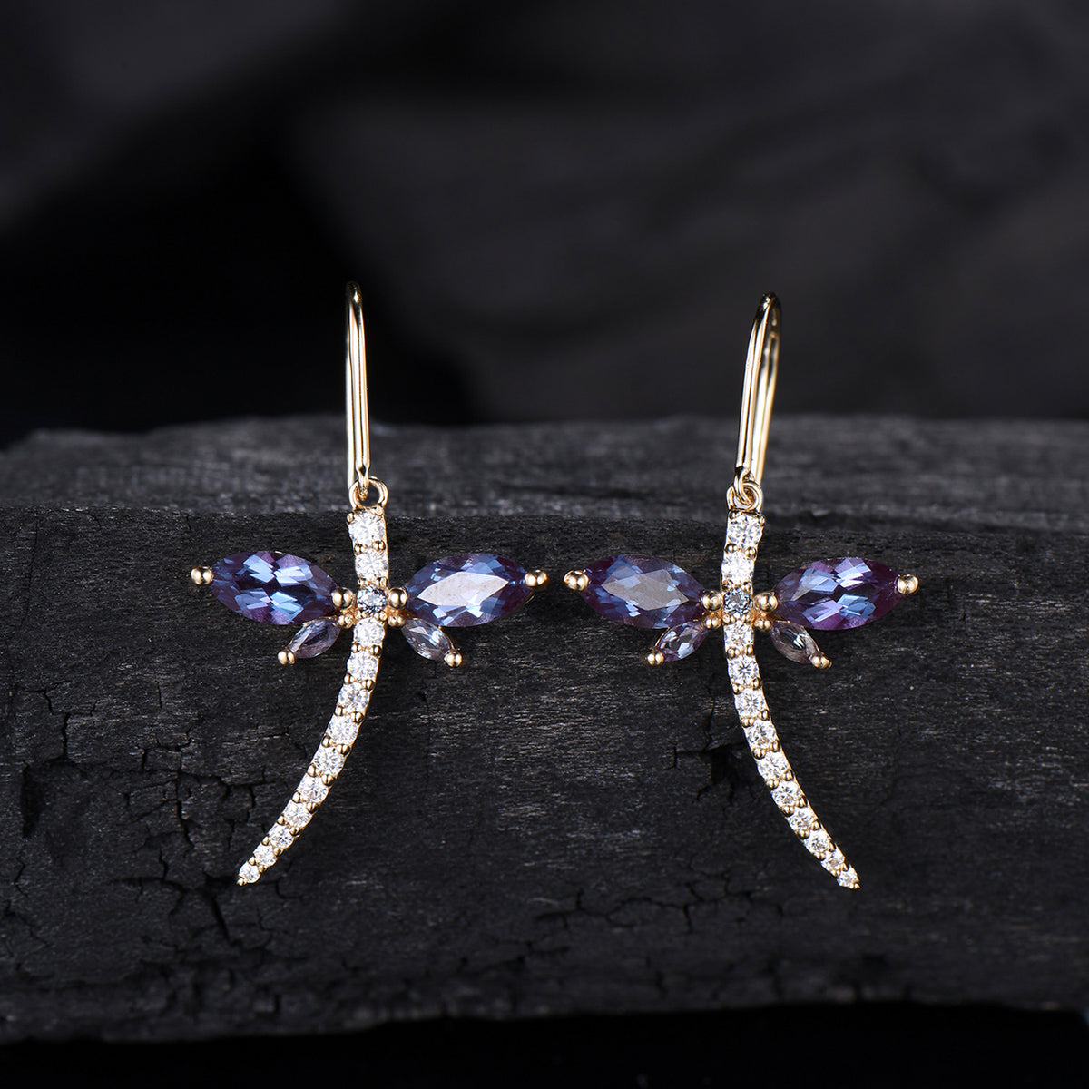 Elegant dragonfly marqusie cut alexandrite earrings June birthstone fine jewelry - PENFINE