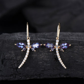 Elegant dragonfly marqusie cut alexandrite earrings June birthstone fine jewelry - PENFINE