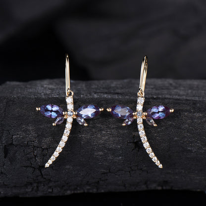 Elegant dragonfly marqusie cut alexandrite earrings June birthstone fine jewelry - PENFINE