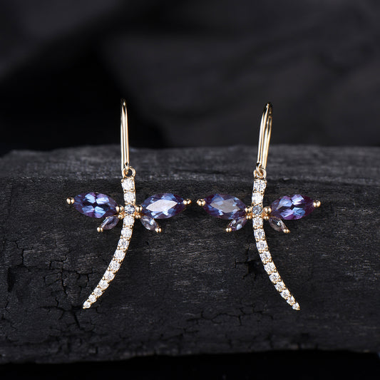 Elegant dragonfly marqusie cut alexandrite earrings June birthstone fine jewelry - PENFINE