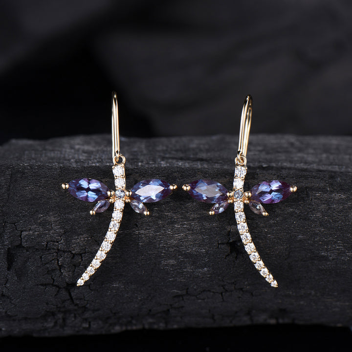 Elegant dragonfly marqusie cut alexandrite earrings June birthstone fine jewelry - PENFINE