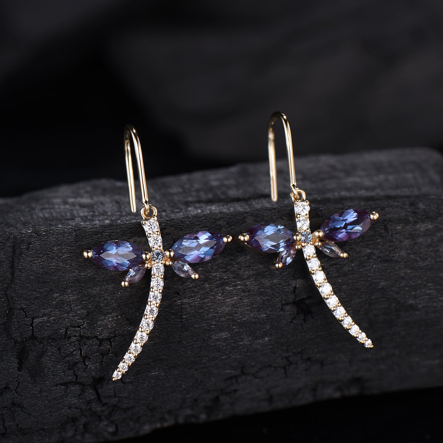Elegant dragonfly marqusie cut alexandrite earrings June birthstone fine jewelry - PENFINE