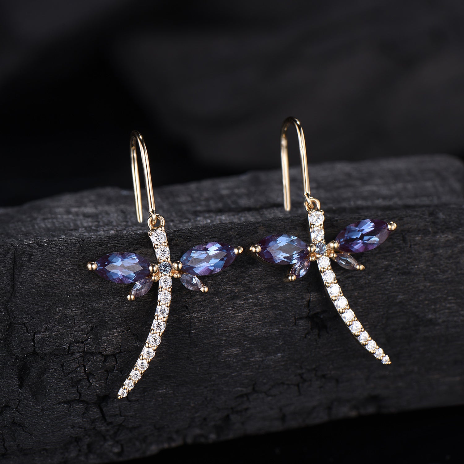 Elegant dragonfly marqusie cut alexandrite earrings June birthstone fine jewelry - PENFINE