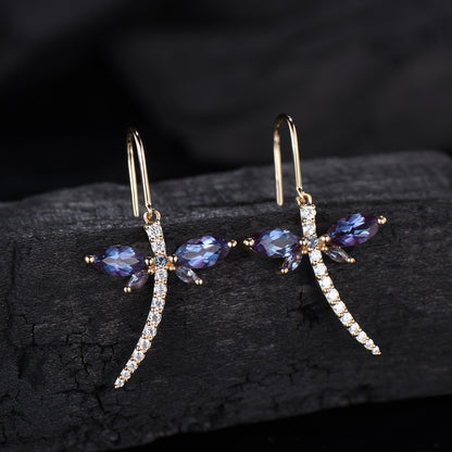 Elegant dragonfly marqusie cut alexandrite earrings June birthstone fine jewelry - PENFINE