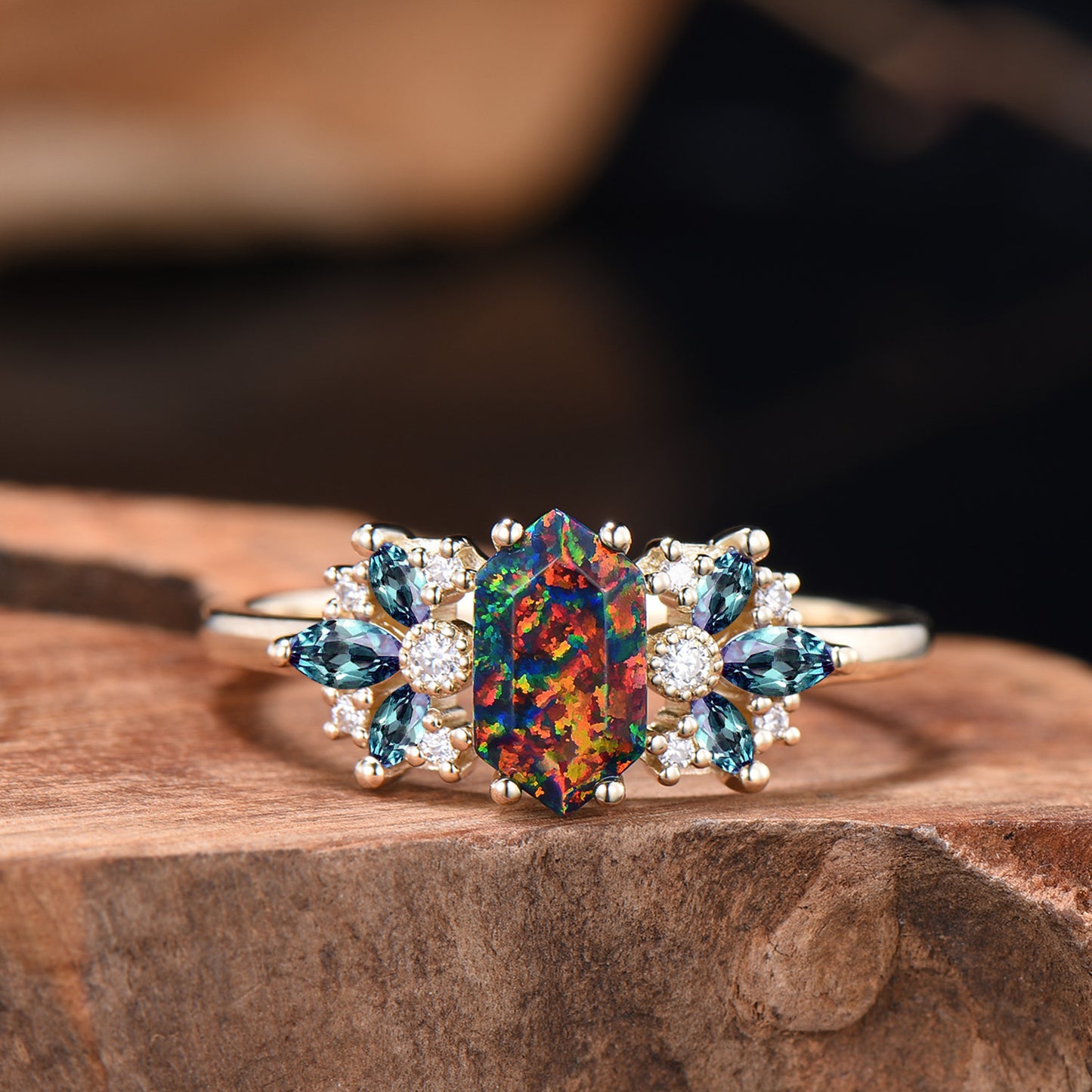 Vintage Black Fire Opal Engagement Ring Unique Marquise Alexandrite Ring Art Deco Birthstone Wedding Ring Anniversary Promise Gift For Women - PENFINE