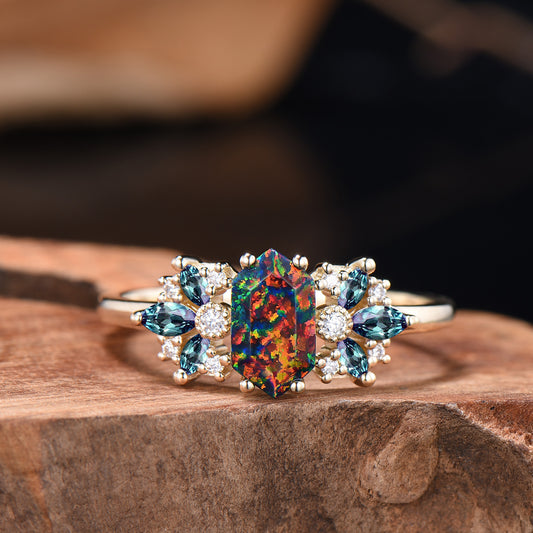 Vintage Black Fire Opal Engagement Ring Unique Marquise Alexandrite Ring Art Deco Birthstone Wedding Ring Anniversary Promise Gift For Women - PENFINE