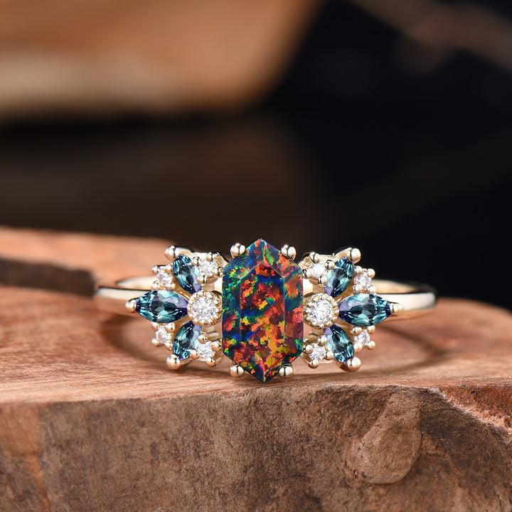 Vintage Black Fire Opal Engagement Ring Unique Marquise Alexandrite Ring Art Deco Birthstone Wedding Ring Anniversary Promise Gift For Women - PENFINE