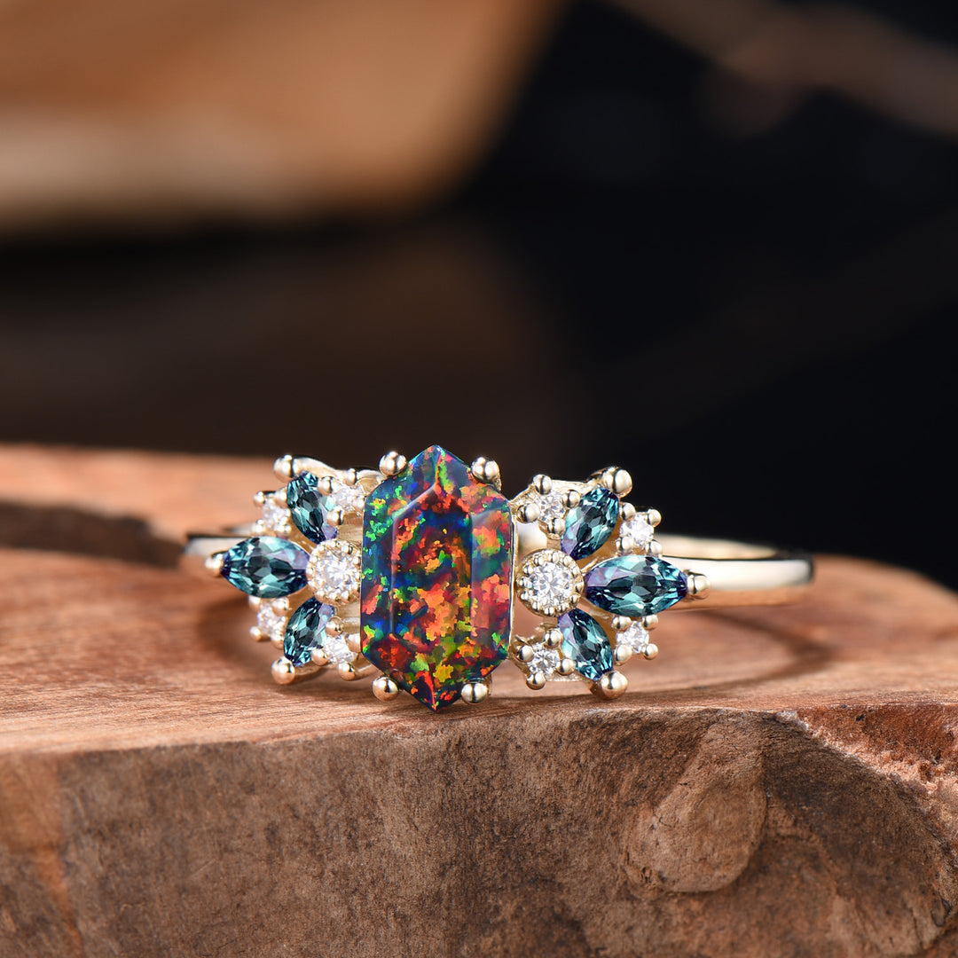 Vintage Black Fire Opal Engagement Ring Unique Marquise Alexandrite Ring Art Deco Birthstone Wedding Ring Anniversary Promise Gift For Women - PENFINE
