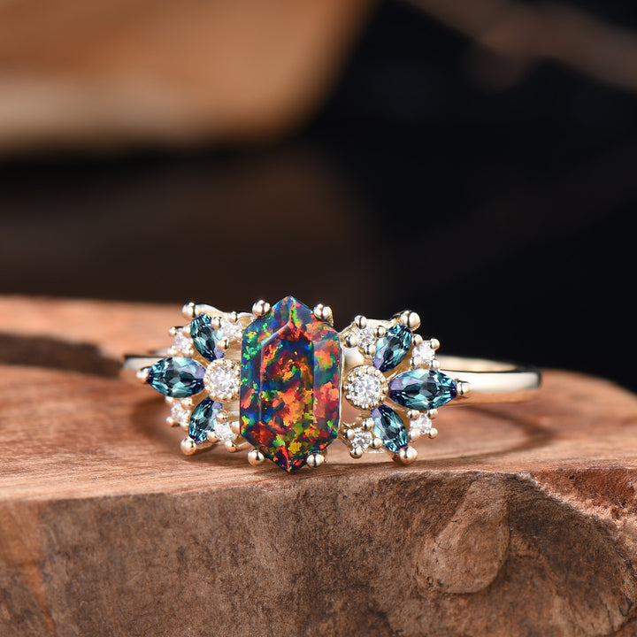 Vintage Black Fire Opal Engagement Ring Unique Marquise Alexandrite Ring Art Deco Birthstone Wedding Ring Anniversary Promise Gift For Women - PENFINE