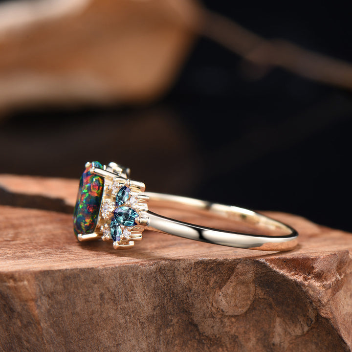 Vintage Black Fire Opal Engagement Ring Unique Marquise Alexandrite Ring Art Deco Birthstone Wedding Ring Anniversary Promise Gift For Women - PENFINE