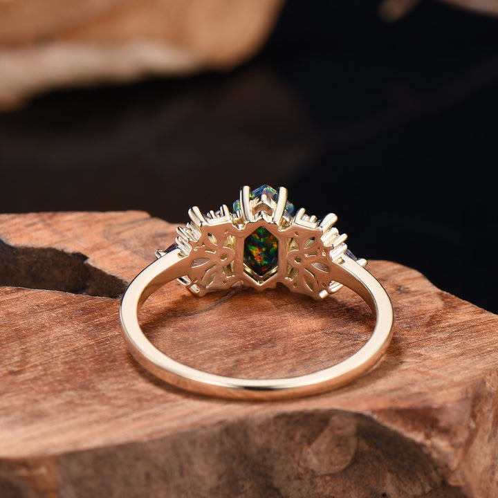 Vintage Black Fire Opal Engagement Ring Unique Marquise Alexandrite Ring Art Deco Birthstone Wedding Ring Anniversary Promise Gift For Women - PENFINE
